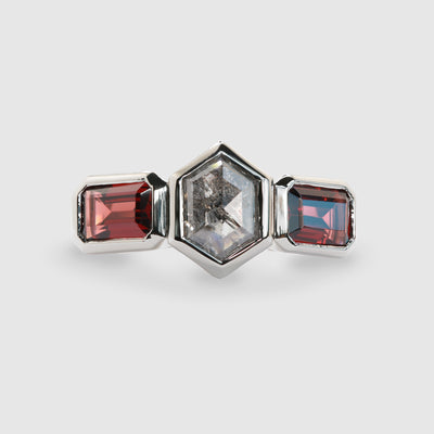 Hexagon Three Stone Salt and Pepper Diamond Ring